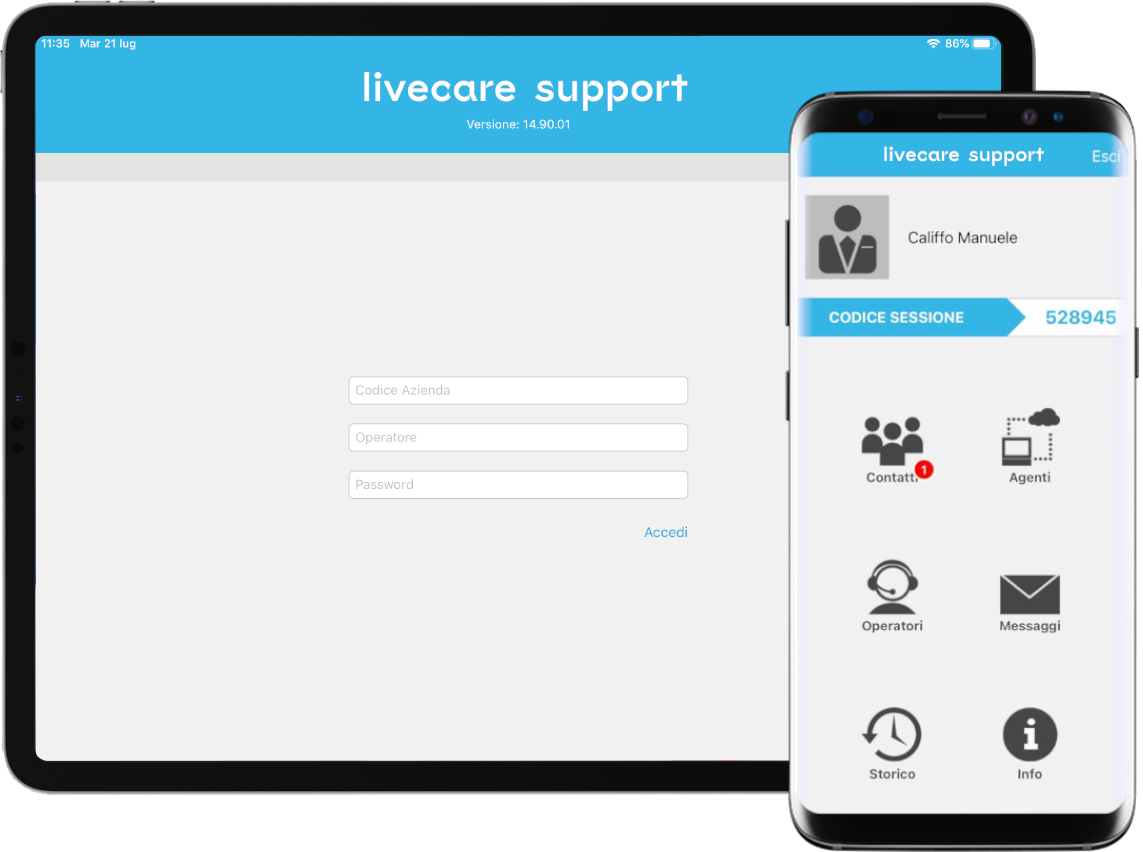 smartphone e tablet con Livecare Support
