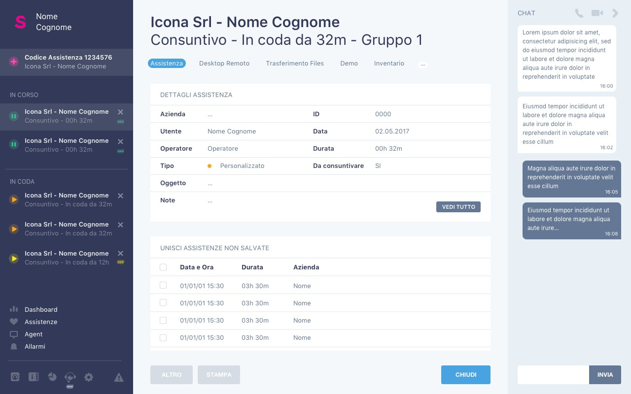 Scheda delle assistenze remote di Livecare Support